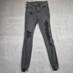 American Eagle Jeans Women 2 Black Skinny High Rise AE Forever Soft Distressed